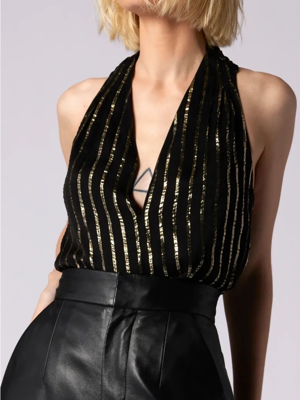 Equipment Black Halter Top with Gold Metallic Stripes